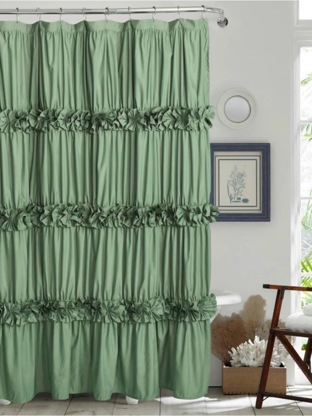 Green Ruffled Shower Curtain - Stylish Bath Accent